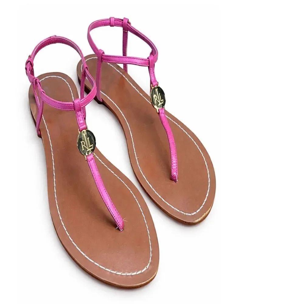 Ralph Lauren Aimon Pink Leather MonogrammedโThongโFlatโSandals